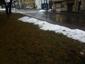 雨で雪が融けた道路